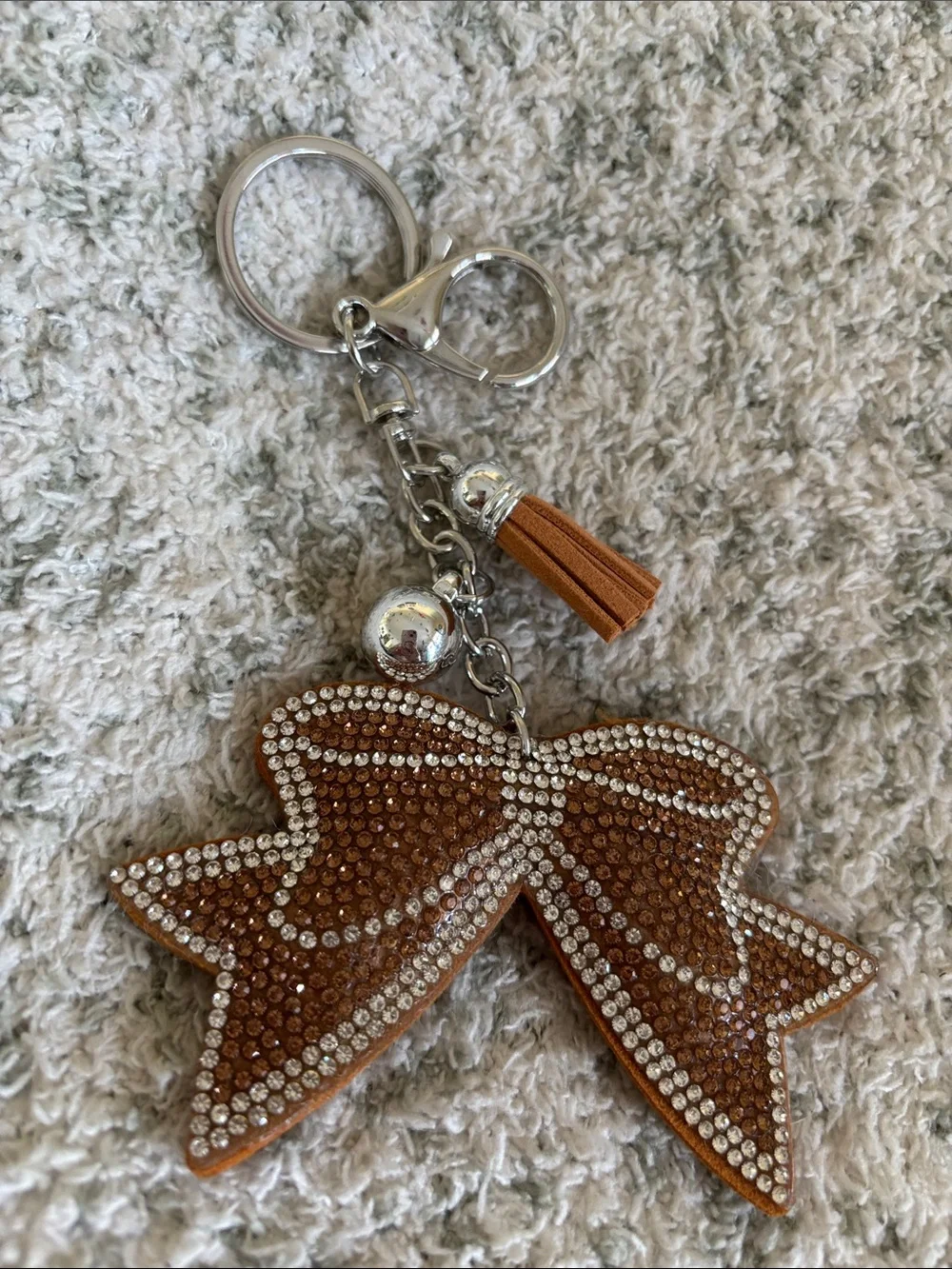 Western Rhinestone Bow Keychain with Tassel - Brown NWT 6”